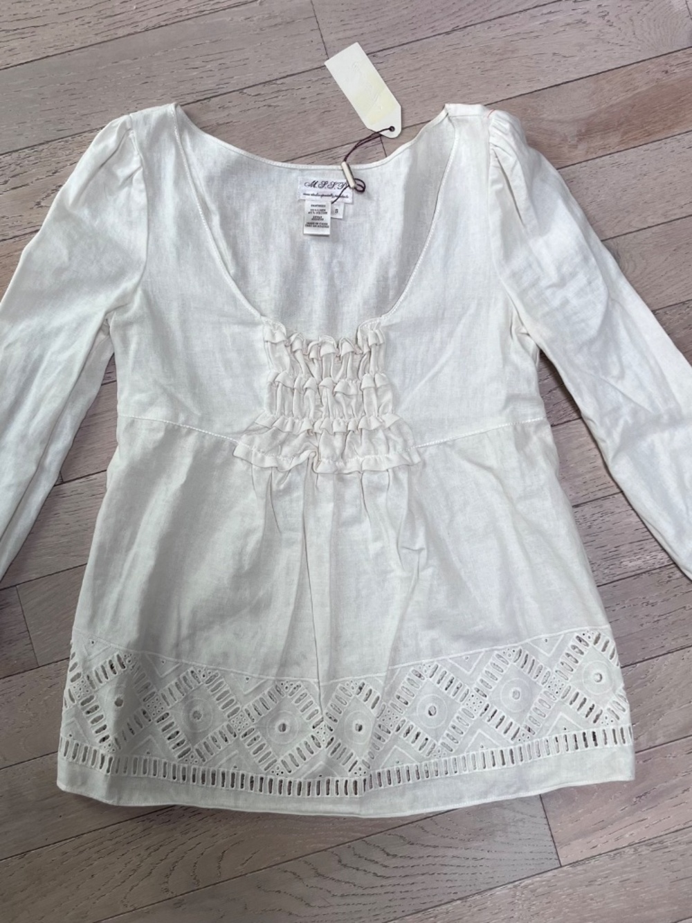 Max Studio Linen Blend Boho Peasant Blouse Eyelet Hem Smocked Ivory S NWT